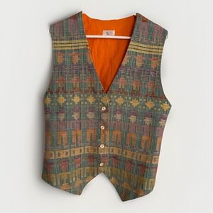 Vintage Moocho Handwoven Rainbow Vest – Multicolor Boho Open Front Art To Wear